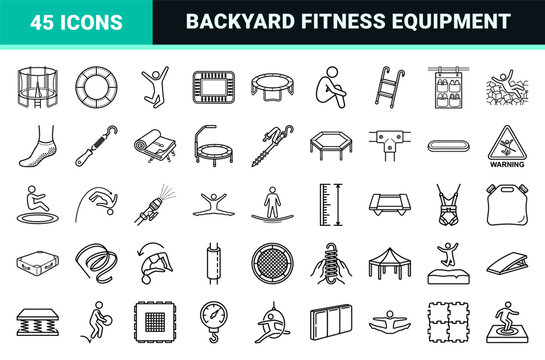 Trampoline Gymnastics and Recreational Jumping Monoline Outline Symbols for Backyard Safety, Fitness Rebounding, and Indoor Park Equipment.