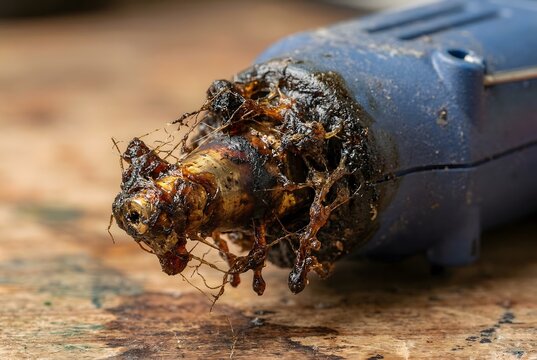Macro close-up of a hot glue gun brass nozzle completely choked with chaotic stringy scorched adhesive resin