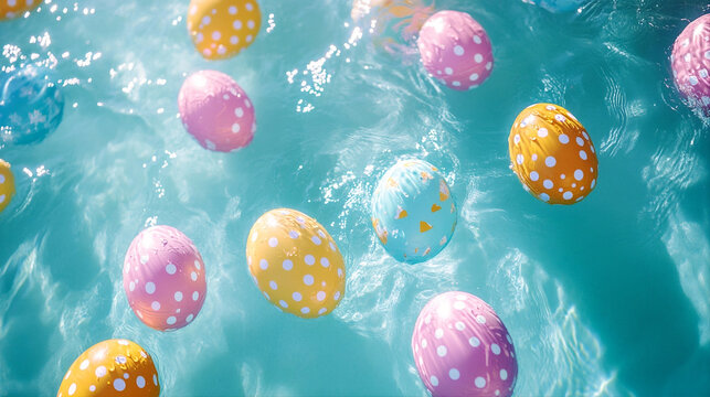 Colorful Easter eggs floating in blue swimming pool water