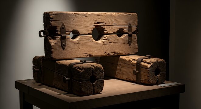 Historical wooden stocks used for punishment displayed on a wooden table under soft museum lighting