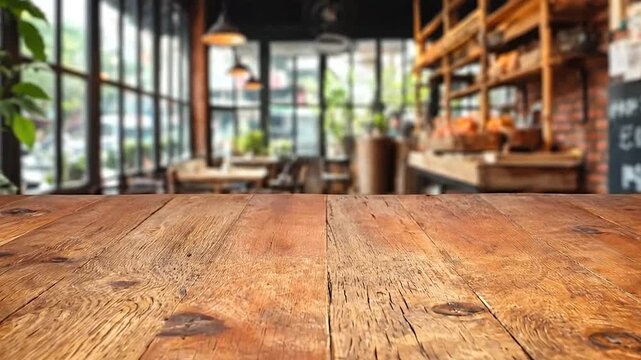 Empty rustic wooden table surface with blurred cafe interior background