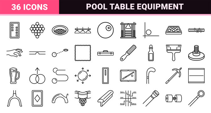 Professional Billiards and Snooker Monoline Icon Set Featuring Minimalist Pool Table Equipment and Cue Sports Symbols in Neo-Line Art Style