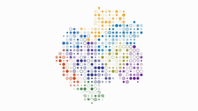 Gabon map animation. Shape of the country with pulsating colored dots. Large size circle blocks. Digital style Gabon map on white background. Classy video.