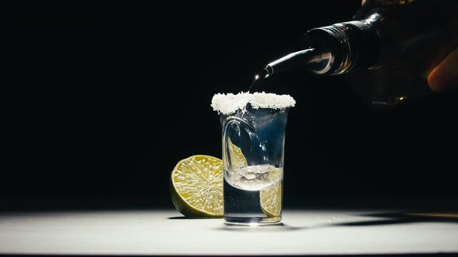 Mexican Tequila Mezcal pouring with lime and salt on a stone table. Strong vodka rum alcoholic drink is poured from a bottle into a shots.