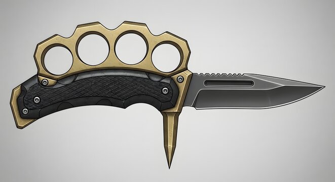 A detailed graphic of a tactical knuckle duster knife with a black handle and bronze guard