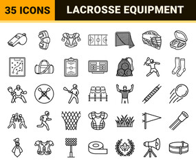 Fototapeta premium Lacrosse Equipment and Field Sports Gameplay Technical Monoline Outline Symbols for Athletic Tournament Branding and Team Coaching Materials.