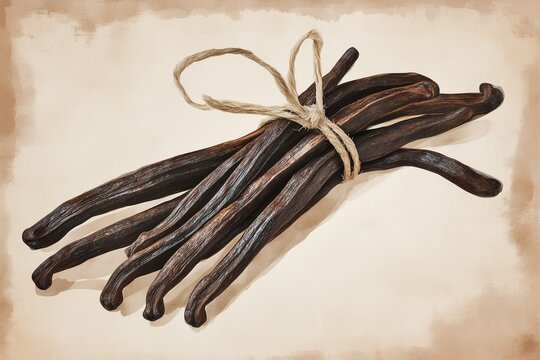 Vanilla pods (Vanilla planifolia), long dark cured pods, vintage botanical illustration