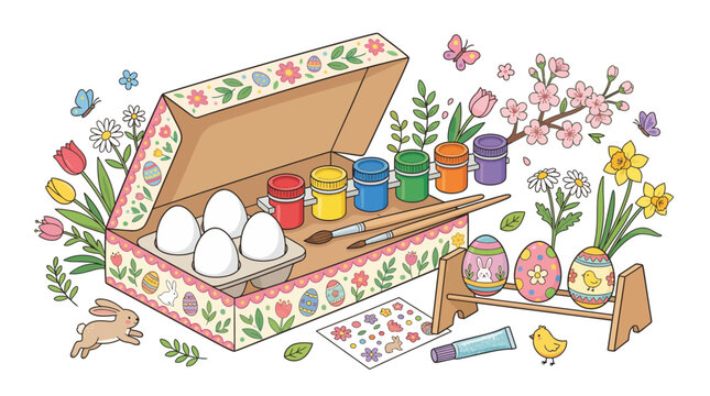 Easter eggs and colorful paints in a decorated box surrounded by spring flowers.