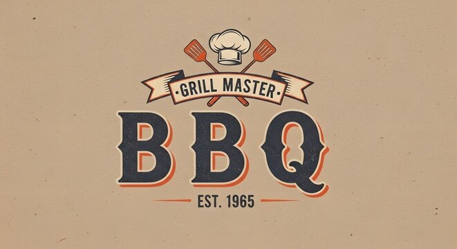 A retro barbecue logo with large serif typography for BBQ and a chef hat with crossed spatulas