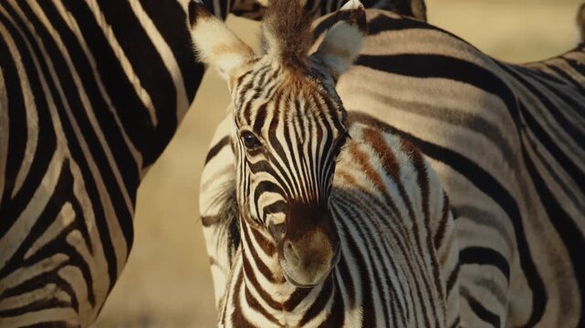 Baby zebra foal closeup portrait in savannah. African zebra standing on grass in Savannah. Wild animals of South Africa concept. Safari tourism. Wildlife of Tanzania. Serengeti national park