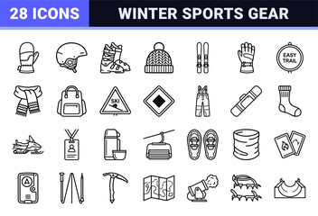 Fototapeta premium Winter sports and alpine skiing equipment outline symbols featuring a minimalist black and white technical monoline aesthetic.