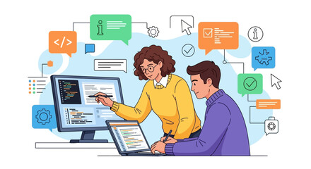 Fototapeta premium Two people collaborating on computer and laptop in office setting with various icons