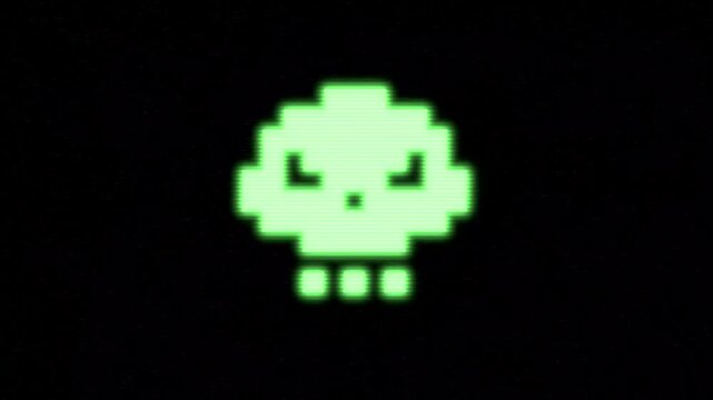 Green glowing skull icon symbol loop animation on black background