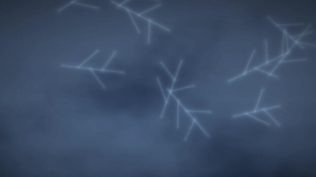 Glowing branch lines drift through mist on a dark blue gradient