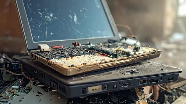 A large pile of discarded and broken electronic devices lies in a ruined room.