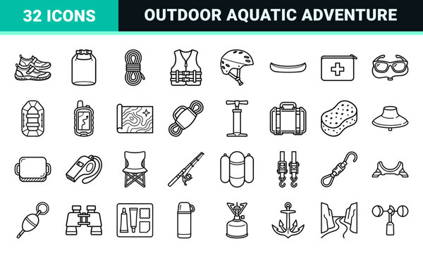 Minimalist monoline kayaking and outdoor water recreation elements featuring sleek black outline geometry for adventure sports design.