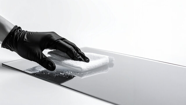 Precision wiping. A hand in a black glove. A white cloth. Transparency of a glass surface. Sanitization technology for material science. Meticulous surface hygiene. A sterile scientific marketing asse