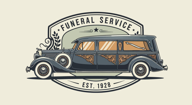 Vintage funeral service vehicle logo illustration.
