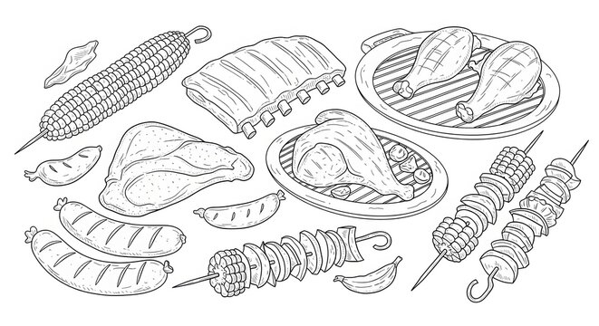 Barbecue food line art set with grilled meat and vegetables