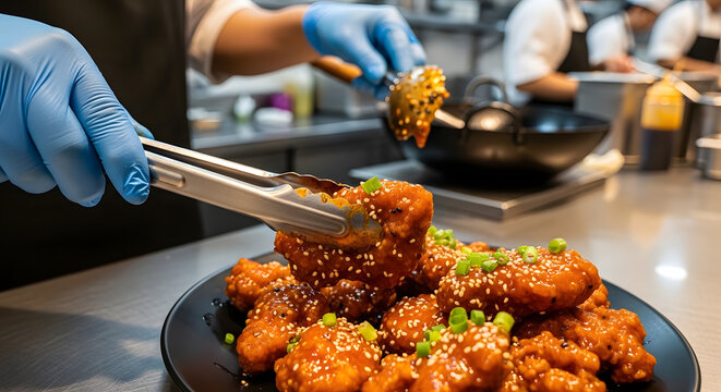 Professional chef wearing blue gloves using tongs to plate crispy glazed fried chicken wings garnished with sesame seeds and green onions