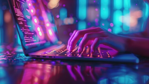 Hands typing code on a laptop keyboard, bathed in vibrant pink and blue neon light