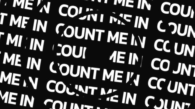 Concentric circles rotating in opposite directions filled with English words forming COUNT ME IN around a center space.