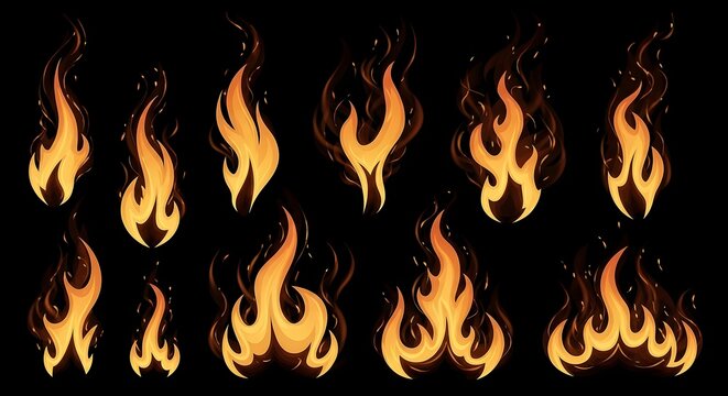 Collection of stylized fire elements and flame graphics on a dark background