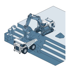 An excavator loads a large mining dump truck with material at a quarry, illustrating heavy machinery in action. © islak
