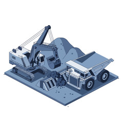 Isometric illustration of an excavator loading a large mining dump truck with earth and rocks in a quarry. © islak