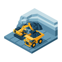 Isometric illustration of an excavator loading coal into a large mining dump truck at an open-pit mine. © islak