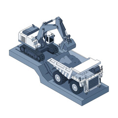 An excavator loads dirt into a large mining dump truck at a construction site. © islak