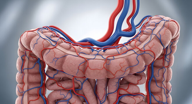 Detailed 3D Anatomy of Human Colon and Mesenteric Blood Vessels. Highly detailed 3D medical illustration showing the human large intestine (colon) with its characteristic haustra and taeniae coli.