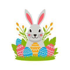 Fototapeta premium Vector illustration of a gray Easter bunny rabbit sitting behind colorful patterned eggs in green grass with spring plants and yellow flowers isolated on white background.