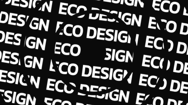 Concentric circles rotating in opposite directions filled with English words forming ECO DESIGN around a center space.