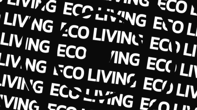 Concentric circles rotating in opposite directions filled with English words forming ECO LIVING around a center space.