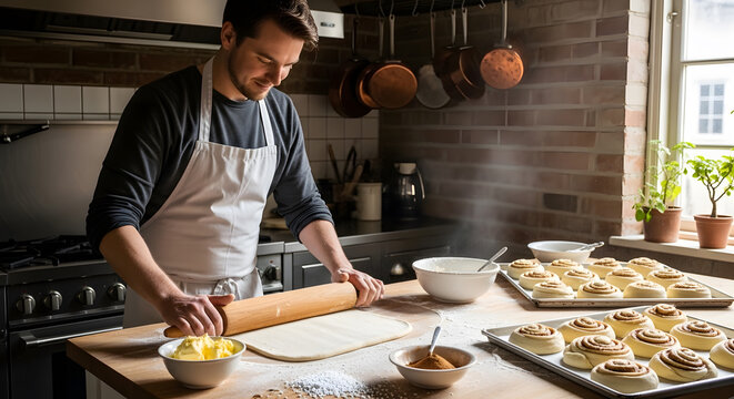 A baker in a grey shirt and white apron uses a wooden rolling pin to flatten dough next to trays of unbaked cinnamon rolls