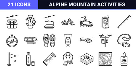 Fototapeta premium Winter Sports and Alpine Tourism Monoline Outline Symbols; Professional Minimalist Mountain Activity Graphics with Uniform Line Weight Style