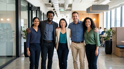 Obraz premium Diverse Business Team Smiling Together in Modern Office Corridor