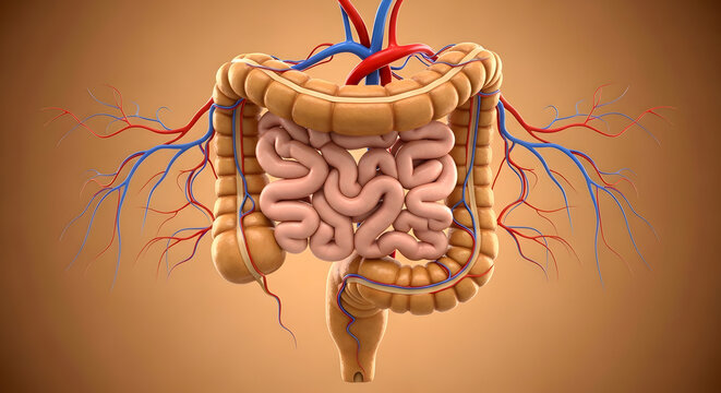 3D Anatomical Illustration of Human Large Intestine with Mesenteric Vascular NetworkDetailed 3D medical rendering of the human colon (large intestine) showcasing its characteristic segmented haustra