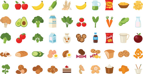 Large Vector Flat Illustration Collection of Healthy Groceries and Snacks Featuring Fresh Fruits, Vegetables, Dairy Products, Bakery Items, and Packaged Treats for Nutritional Content Design. © Rumi