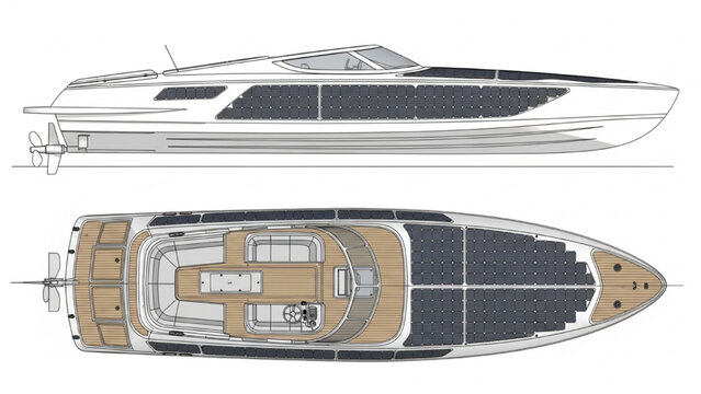 Solar-Powered Speedboat Blueprint, CAD Side Elevation and Top View, Sustainable Materials, Modern Design, Isolated on White Background