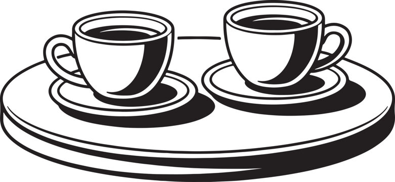Minimalist vector illustration of two coffee cups and saucers on a round serving tray, featuring a simple black and white outline.
