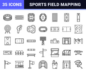Fototapeta premium Professional Sports Stadium Architecture and Field Layout Technical Line Icons for Architectural Planning and Athletic Facility Mapping