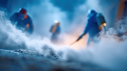 Naklejka premium Workers in protective gear fogging or disinfecting an outdoor area with smoke or mist.