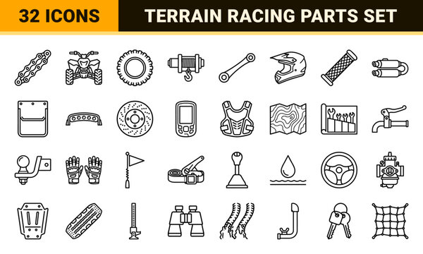 All-Terrain Vehicle and Off-Road Powersports Technical Monoline Symbols for Outdoor Adventure Equipment and Maintenance Guides.