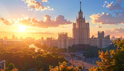 Fototapeta premium A large building stands tall amidst trees and cityscape at sunrise