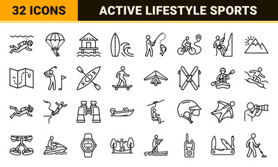 Naklejka premium Outdoor Recreational Activities and Adventure Sports Monoline Symbols for Travel Apps and Active Lifestyle Branding Projects
