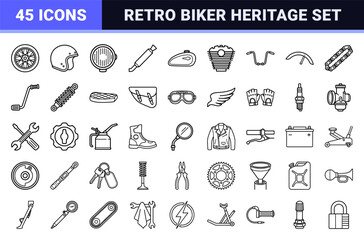 Vintage Motorcycle and Custom Garage Culture Monoline Icons featuring Classic Bikes, Mechanical Parts, and Retro Biker Equipment Technical Line Art.