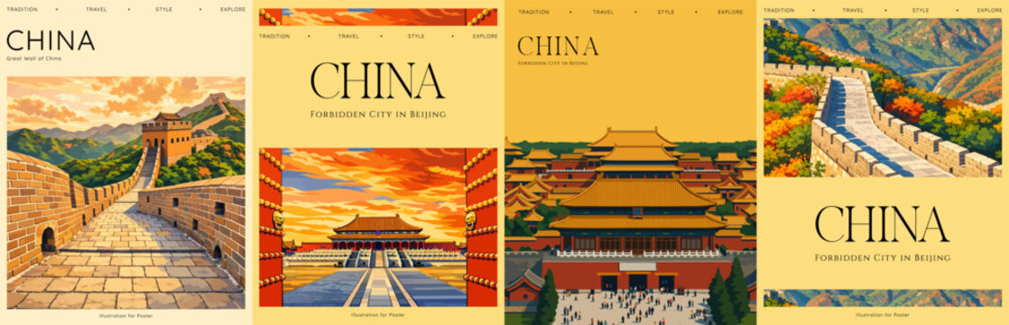 Colorful post stamps of China famous landmarks and architectures. Vector illustration of Chinese cities and tourist attractions. Covers for stamps, background, icons, stickers and advertisement.