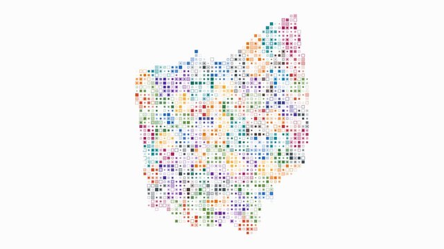 Ohio animated shape. Pulsating colored dots on the map of the state. Small size square blocks. Digital style Ohio map on white background. Abstract animation video.